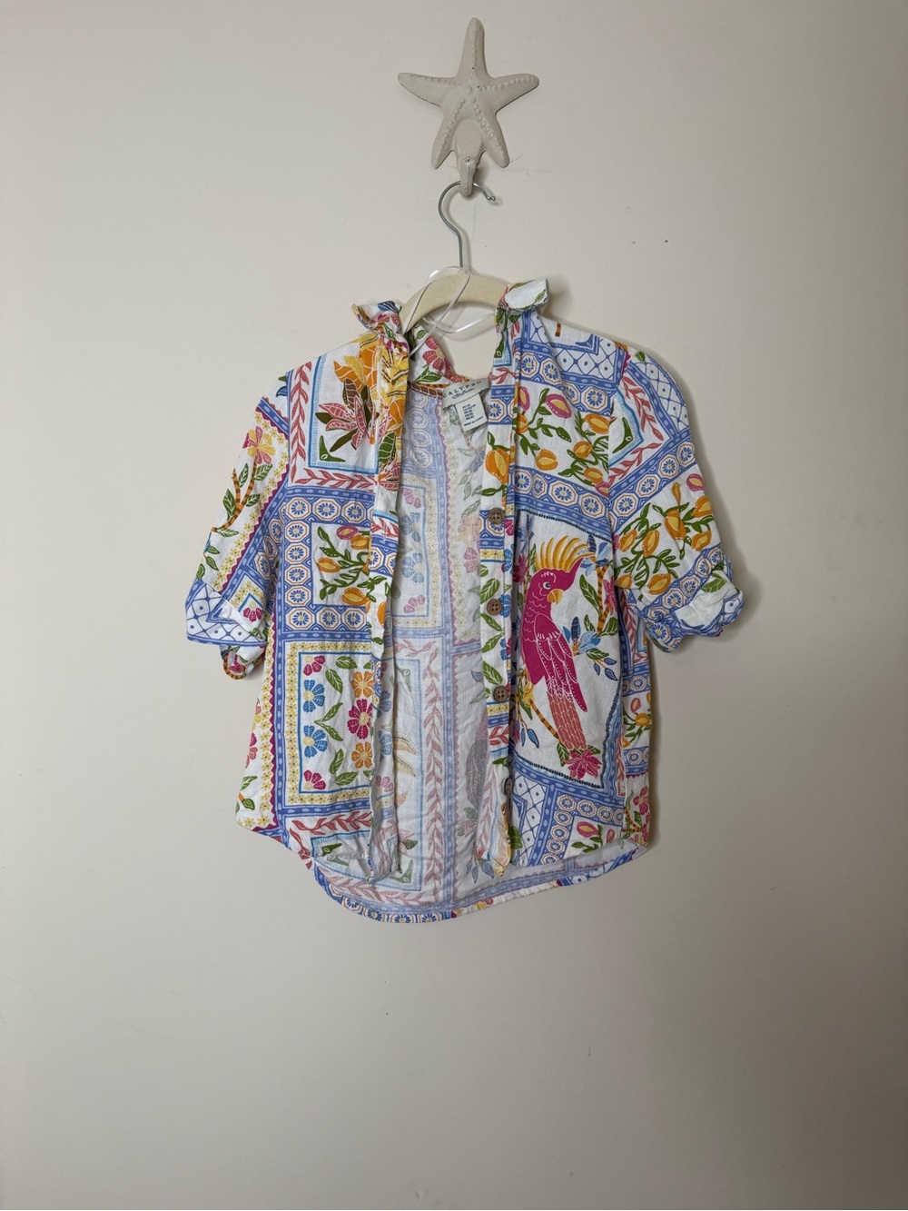Calypso St. Barth White Multi Parrot & Patchwork Short Sleeve Button-Down